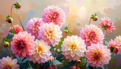 Pastel dahlias in a painted floral arrangement