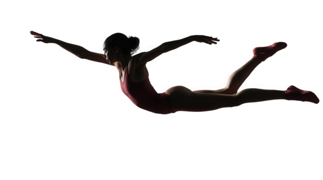 Female dancer in a red leotard leaps through the air isolated on transparent background