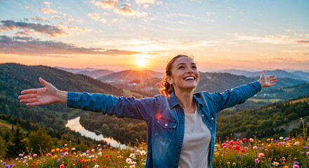 Happy woman with arms open, enjoying freedom in a wildflower field at beautiful sunset
