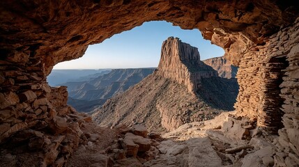 Mountain view through cave opening with blue sky and rocky terrain.