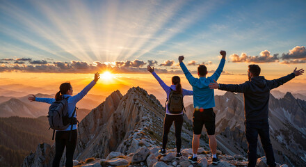 Group of hikers on a mountain summit with arms raised, celebrating success at sunset