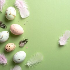 Pastel Easter eggs, feathers, and sprinkles on a light green background