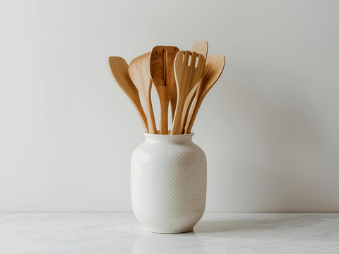 Wooden kitchen utensils in white ceramic jar on marble countertop, minimal kitchen decor.