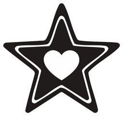 Simple black and white star shape with a love heart symbol inside graphic icon