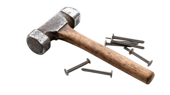 Hammer and nails isolated on transparent background for construction or repair work