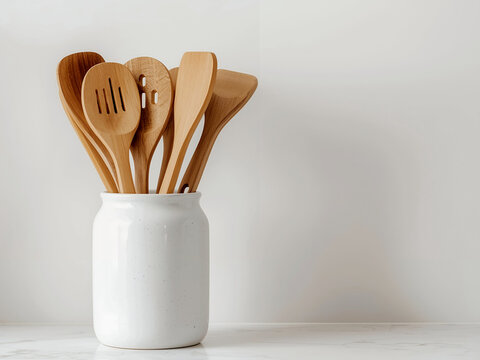 Wooden kitchen utensils in a white ceramic jar on a clean counter, perfect for cooking blogs and kitchen decor ads.