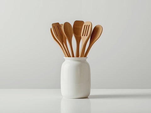 Wooden kitchen utensils in a white ceramic jar on a clean counter, perfect for cooking blogs and kitchen decor ads.