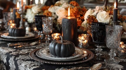 Fototapeta premium Beautiful Halloween table setting with festive decorations, pumpkins, candles, and spooky accents arranged on elegant surface, cozy seasonal holiday concept with detailed atmosphere.