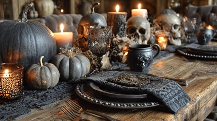 Beautiful Halloween table setting with festive decorations, pumpkins, candles, and spooky accents arranged on elegant surface, cozy seasonal holiday concept with detailed atmosphere.