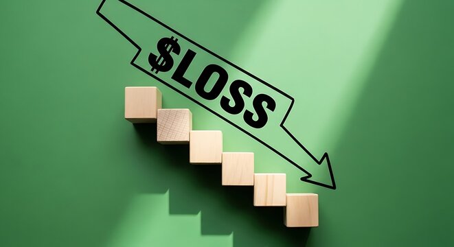 Wooden blocks arranged in a downward staircase shape with a drawn arrow indicating financial loss