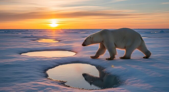 Polar bear sunset arctic wildlife nature ice animal predator mammal glacier wilderness horizon travel