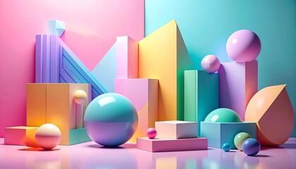 Pastel geometric shapes, balls, and blocks on a studio backdrop