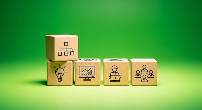 Wooden blocks with icons representing business strategy, idea, data analysis, and teamwork on a green background