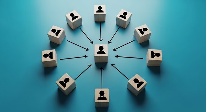 Central figure surrounded by other figures connected by arrows, representing network or hierarchy