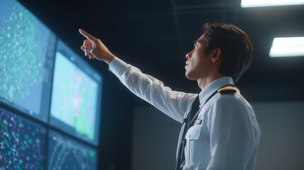 Captivated young boy pointing at interactive digital screen exploring technology and learning.