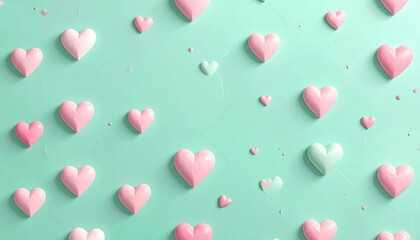 Pastel hearts scattered on a mint green background