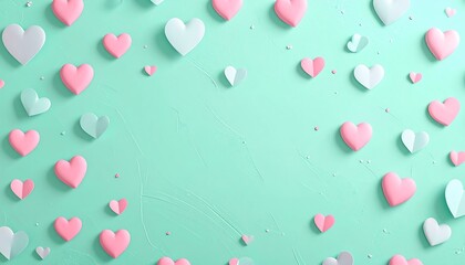 Pastel hearts scattered on mint green background