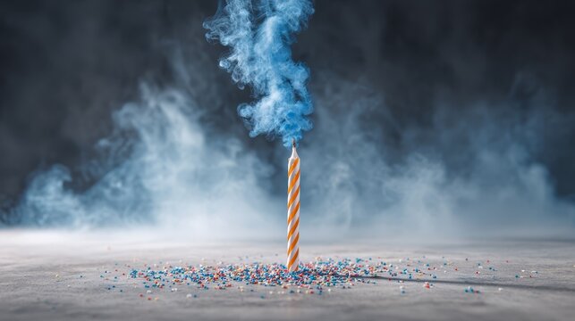 Vibrant blue and white birthday candle with wisps of ethereal blue smoke for festive celebrations.