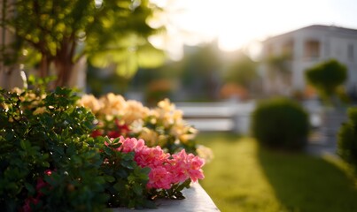 Obraz premium Sunlit garden landscape with vibrant flowers and green foliage