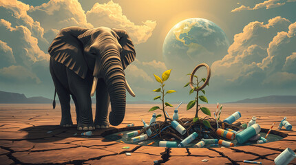 Elephant and dried up water hole filled with plastic