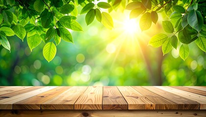 Wooden table against bright, sunlit green foliage bokeh background