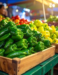 Wooden crates brimming with vibrant green and yellow bell peppers at a bustling market