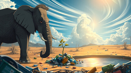 Elephant and dried up water hole filled with plastic