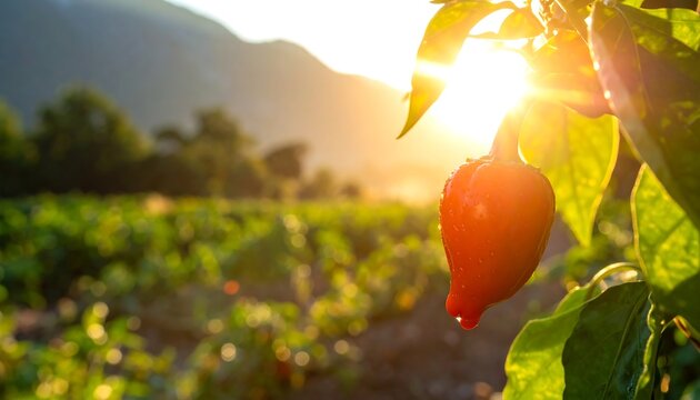 Red pepper ripening, sunlit field
