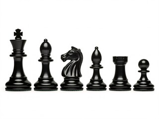 Black chess pieces set king bishop knight rook pawn strategy game isolated