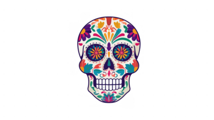 Vibrant sugar skull adorned with flowers and patterns, created AI, PNG
