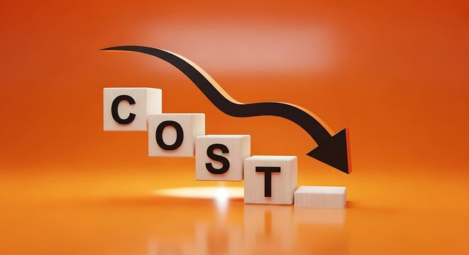 Falling cost represented by blocks spelling out cost with a downward arrow indicating a decrease