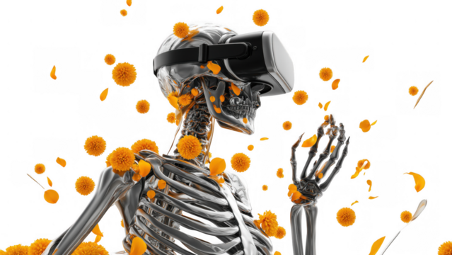 Metal skeleton interacts with VR in petals, created with AI