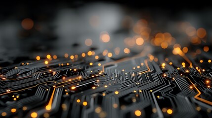 Abstract glowing circuit board with high-tech lighting on black background, wide composition and right-side blank space for product display, perfect for digital technology branding.