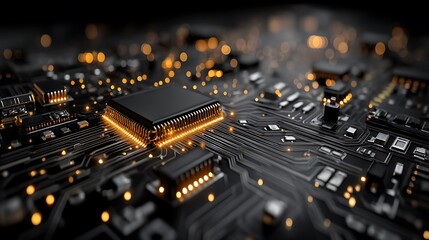 Futuristic abstract circuit board design glowing on black background, high-tech light effects, wide layout with right-side blank area for product display, digital electronics and technology innovation