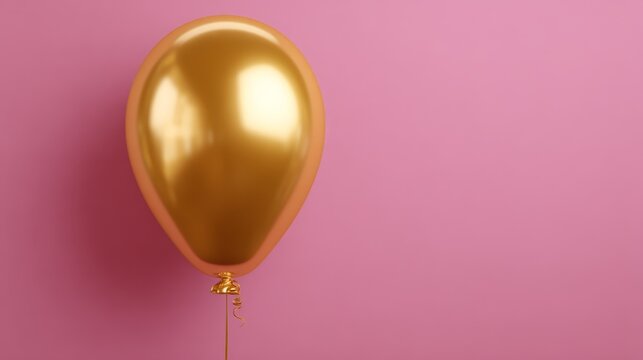 Shimmering gold balloon artistically poised on soft pink backdrop for elegant celebrations joyful events and festive decor.