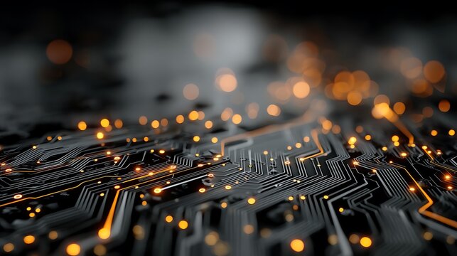 Abstract glowing circuit board with high-tech lighting on black background, wide composition and right-side blank space for product display, perfect for digital technology branding.