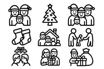 Minimalist black icon set depicting family Christmas joy and togetherness, ideal for festive illustrations, cards, and seasonal web design.