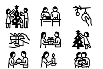 Black vector icons with transparent background showing Christmas family traditions like decorating, dining, and exchanging gifts for holiday design.
