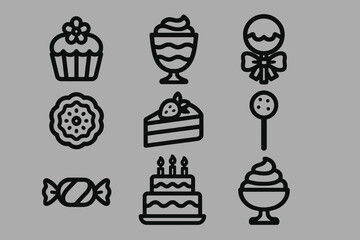 Black vector icons on gray background featuring creative birthday desserts like decorated cakes, candies, and ice cream for elegant design projects.