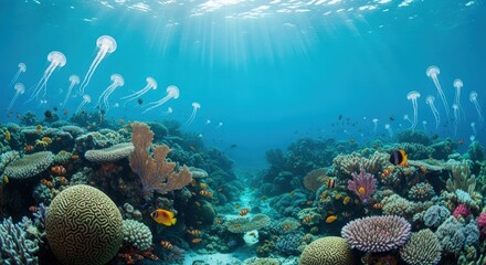 Magical Fantasy Coral Garden with Sunlit Underwater Jellyfish and Tropical Fish
