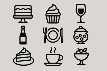 Black vector icons on gray background showing elegant food and drink elements like cake, wine, and desserts for celebration design projects.