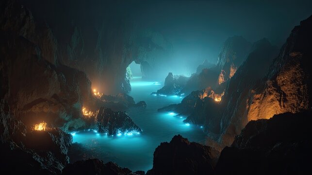 Pixelated Cave Landscape With Glowing Water And Rocks