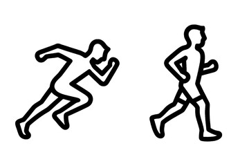 Set of two minimalist black running silhouettes depicting athletic men in dynamic motion, ideal for sport UI and workout graphics.