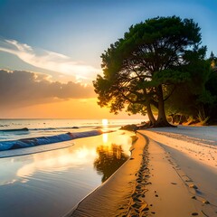 Serene sunset over a tranquil beach, with a lone tree silhouetted against the golden sky, reflected in calm waters