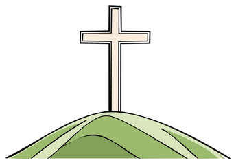 Simple illustration of a Christian cross standing on a green hill