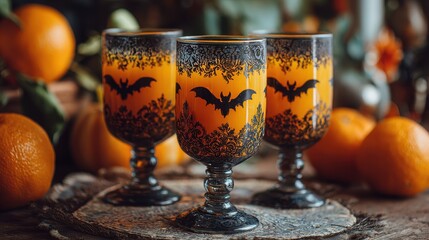 chilled orange goblets adorned with mysterious bat silhouettes summon halloweens spectral zest and eccentric samhain soirees