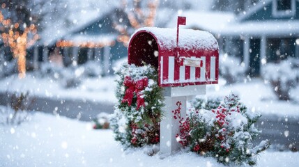 mailbox with christmas decoration during winter snowfall