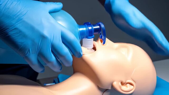 Medical Training - Resuscitation Mannequin with Ambu Bag and Blue Gloves.