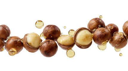 Drops of oil dripped onto the macadamia nuts floating on the air. on transparent background.