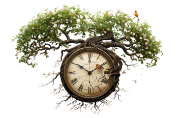 Ancient tree clock with lush green foliage and roman numerals
